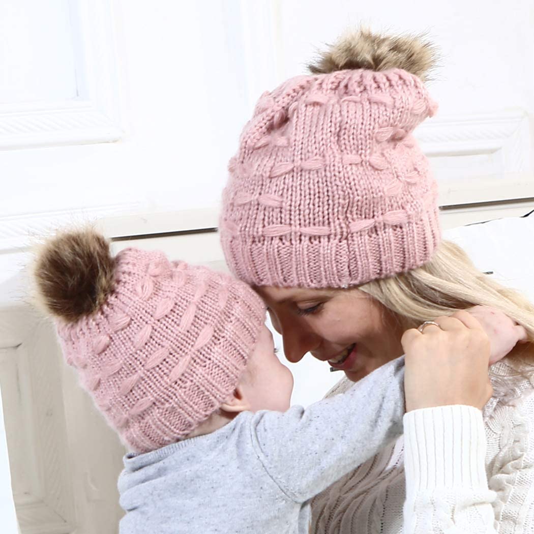 2PC Parent Kid Matching Beanie with Pom-pom 2