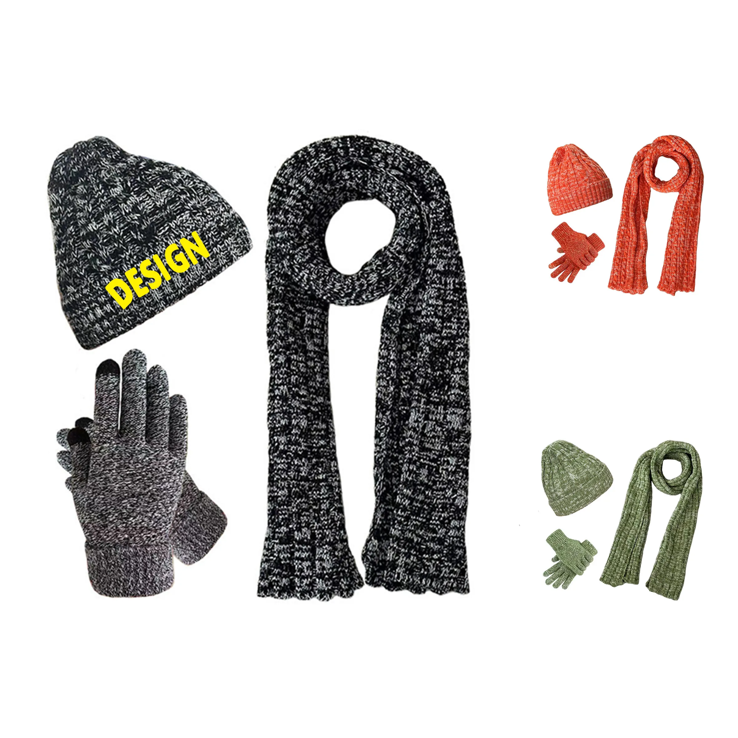 Winter Knit Hat Beanie Long Scarf Touchscreen Gloves Set