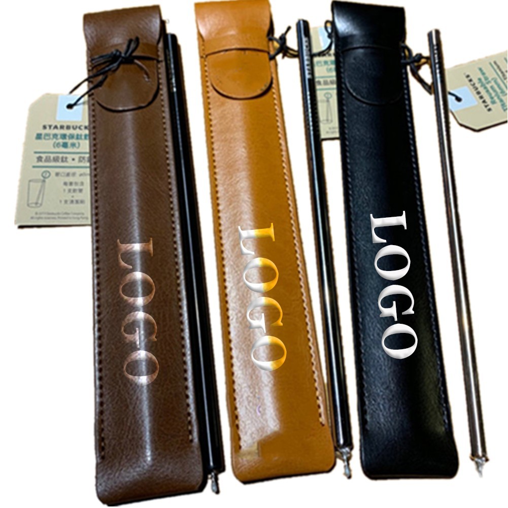 Leather Protective Case Stainless Steel Straw Holder 3