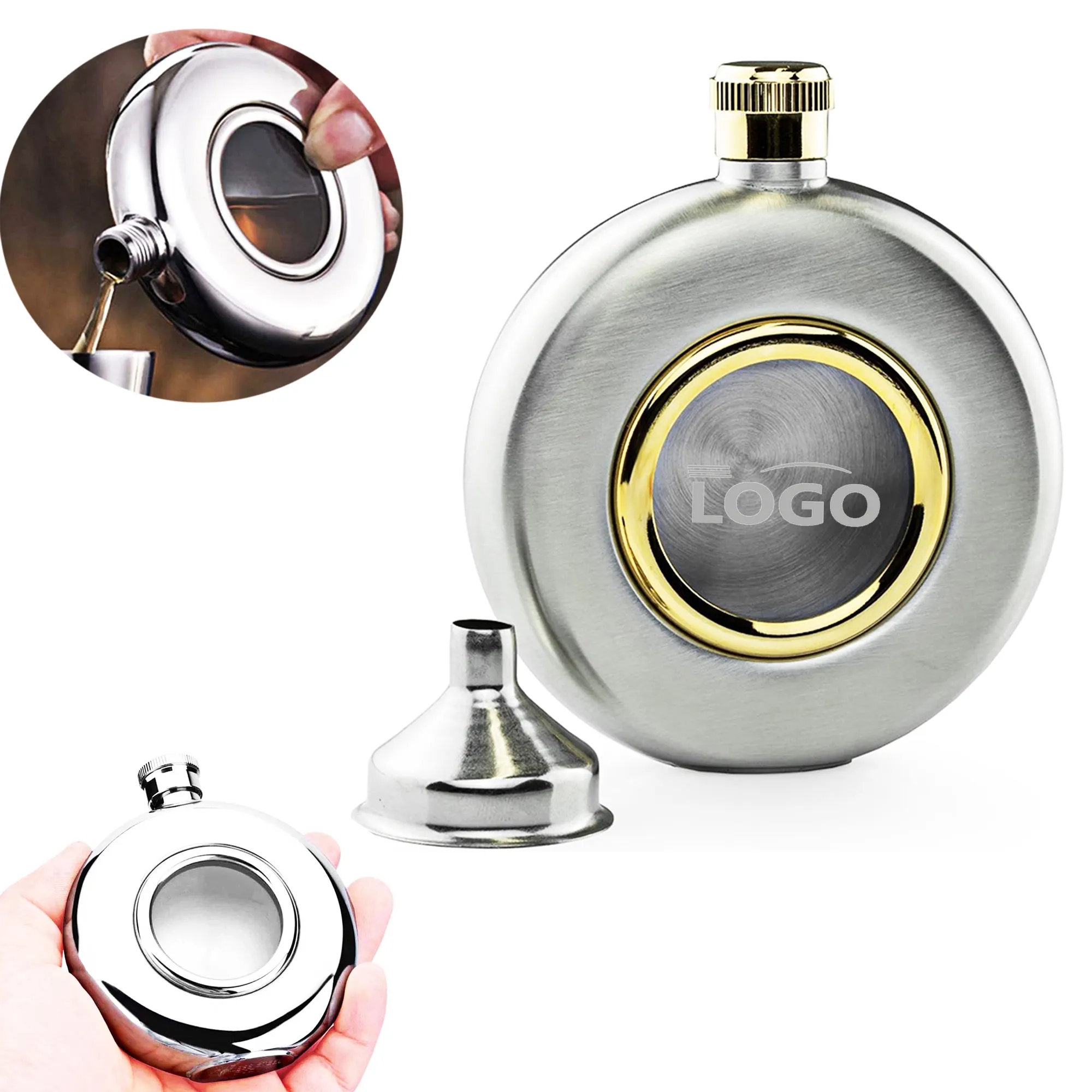 5 Oz Round Stainless Steel Flask With Glass, custom water bottle with logo imprint 2