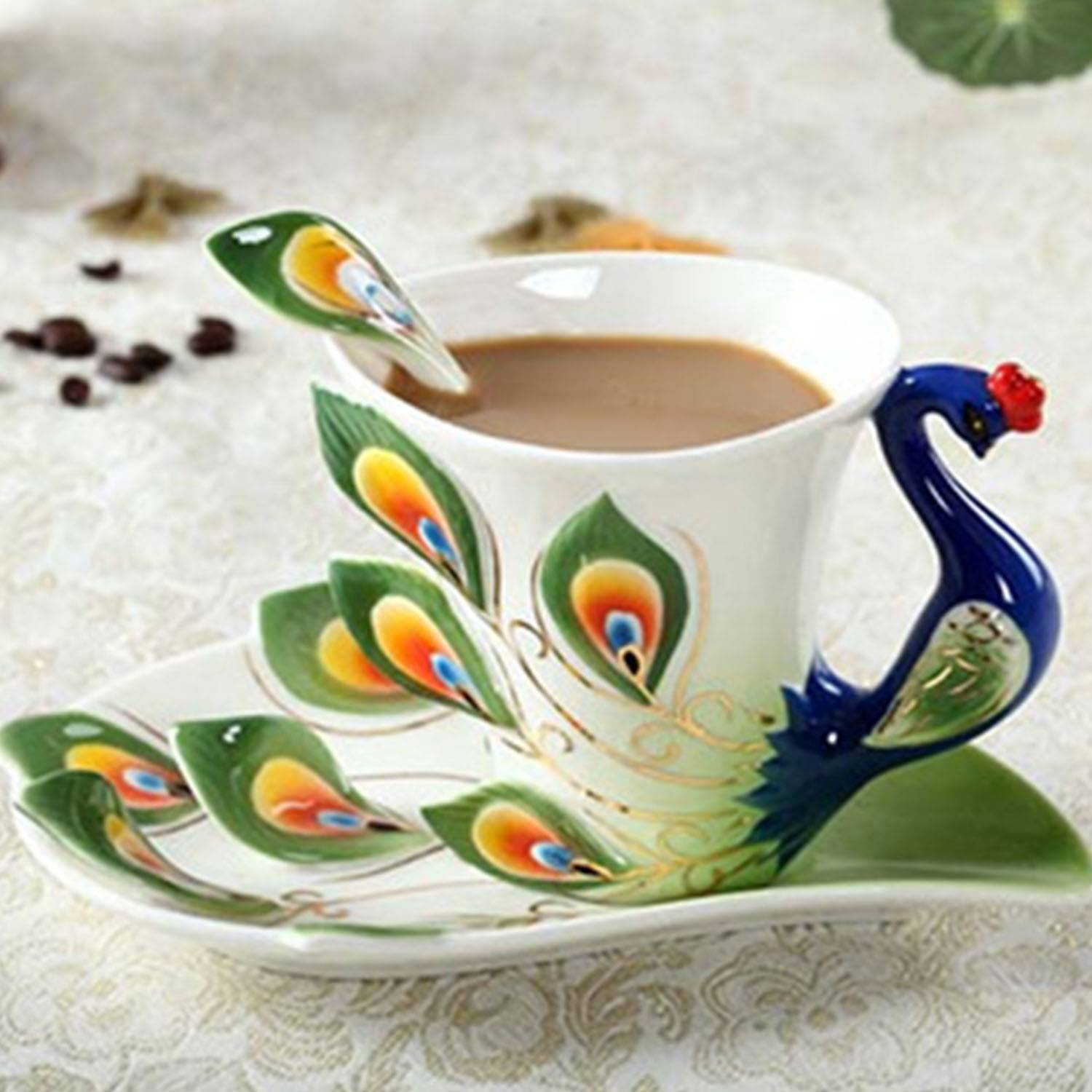 Enamel china peacock coffee cup and saucer tea set 4