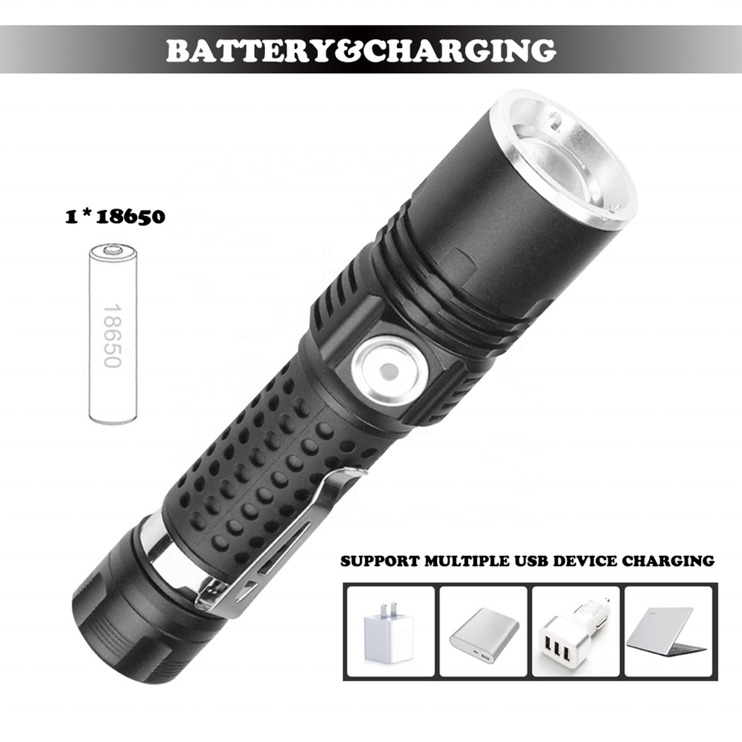 Multi-Function Zoom LED Flashlight - Compact & Rechargeable 8