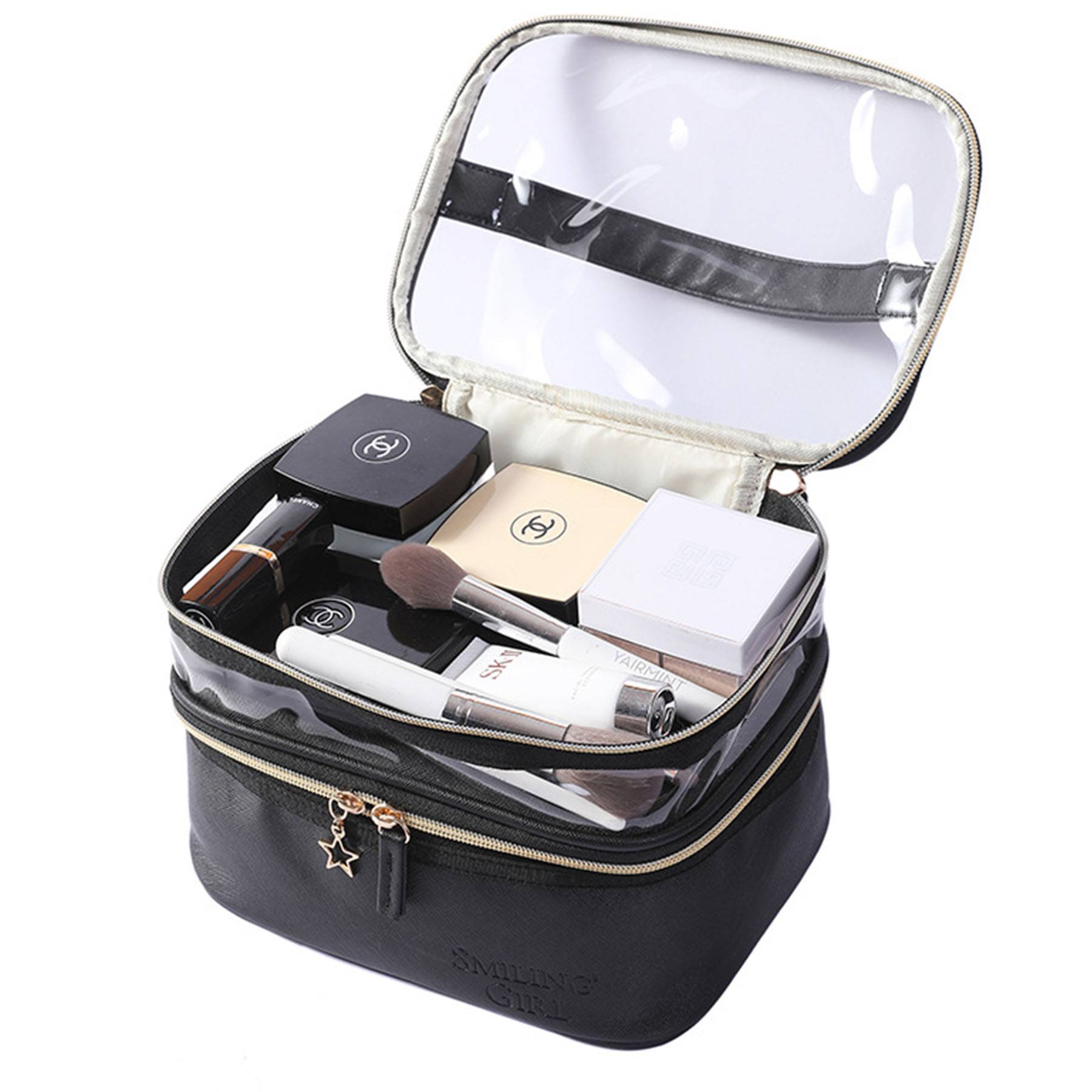PU Leather Black Double Layer Cosmetic Bag 6