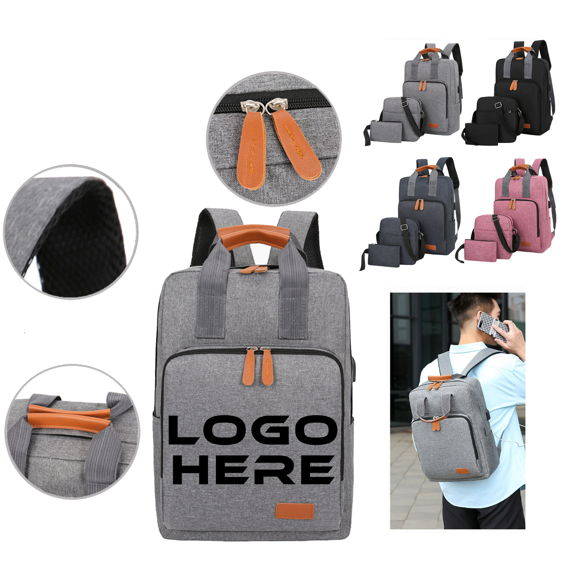 3 Pieces Computer Backpack Set USB Charging Business Gifts 2