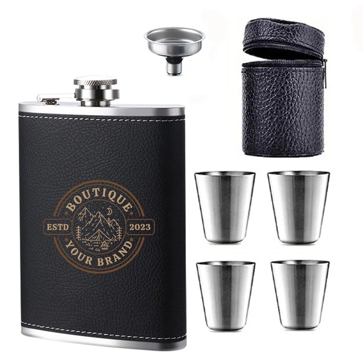 8 oz Black Leather Hip Flask Set Stainless Steel Bottle, custom water bottle with logo imprint 2