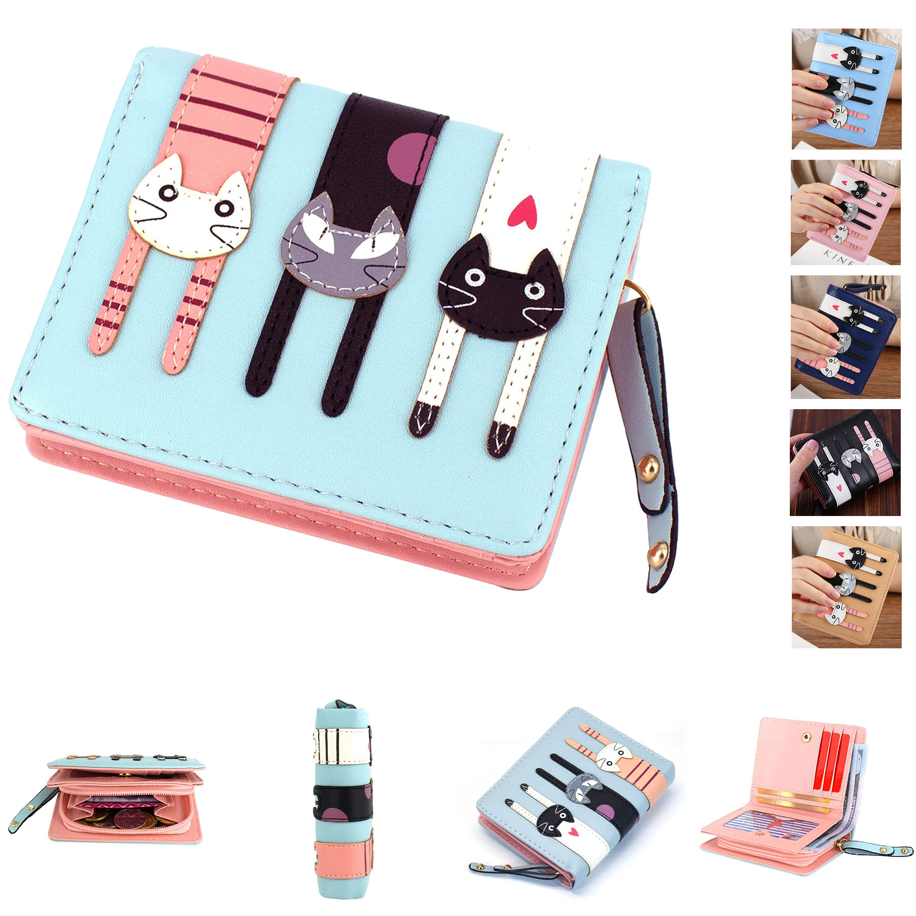 Mini Faux Leather Bifold Cute 3 Cat Zipper Clutch Wallet 2