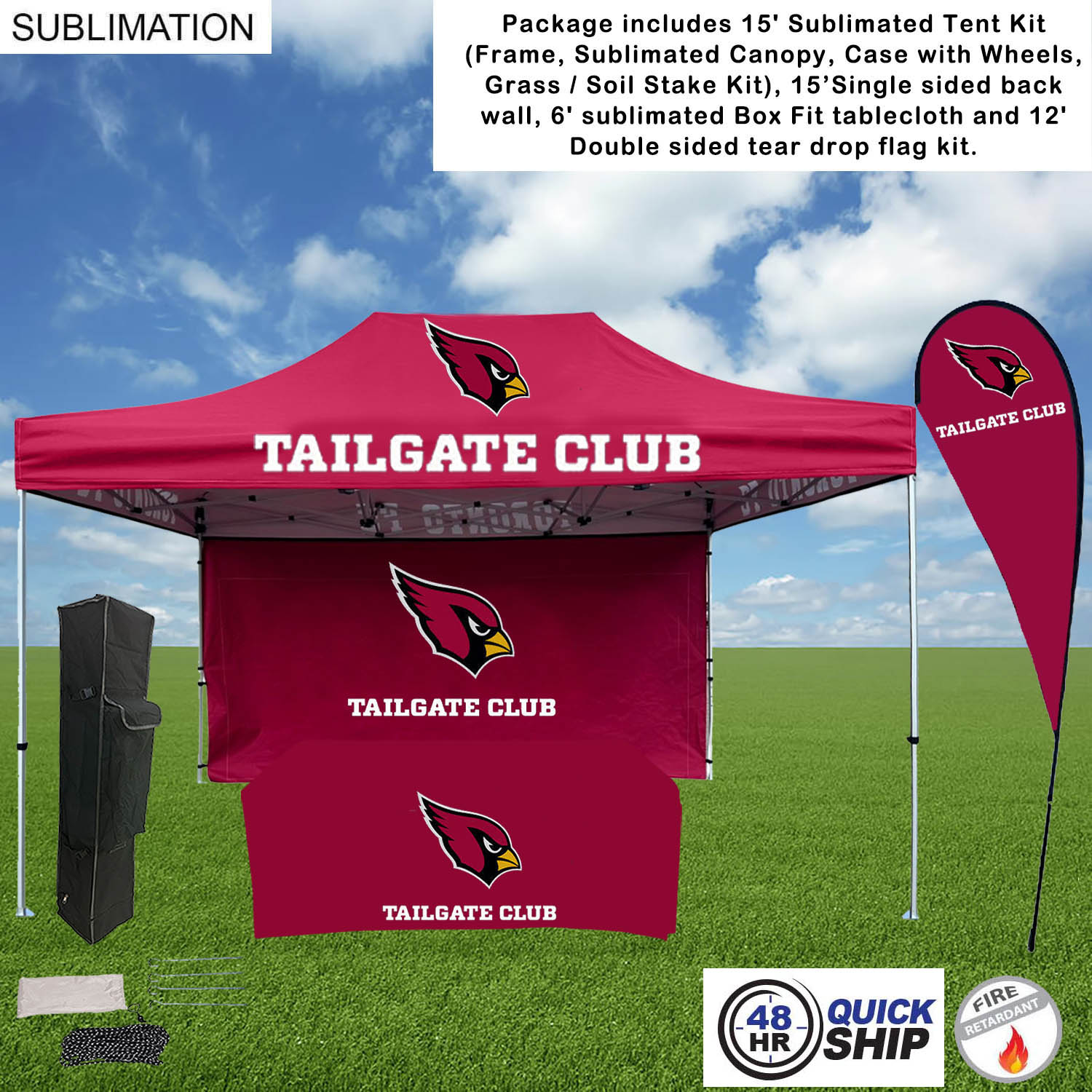 48Hr Quick Ship - Game Day Tailgate Package, 15' Tent, 15' Backwall,Tablecloth, double sided Flag 16