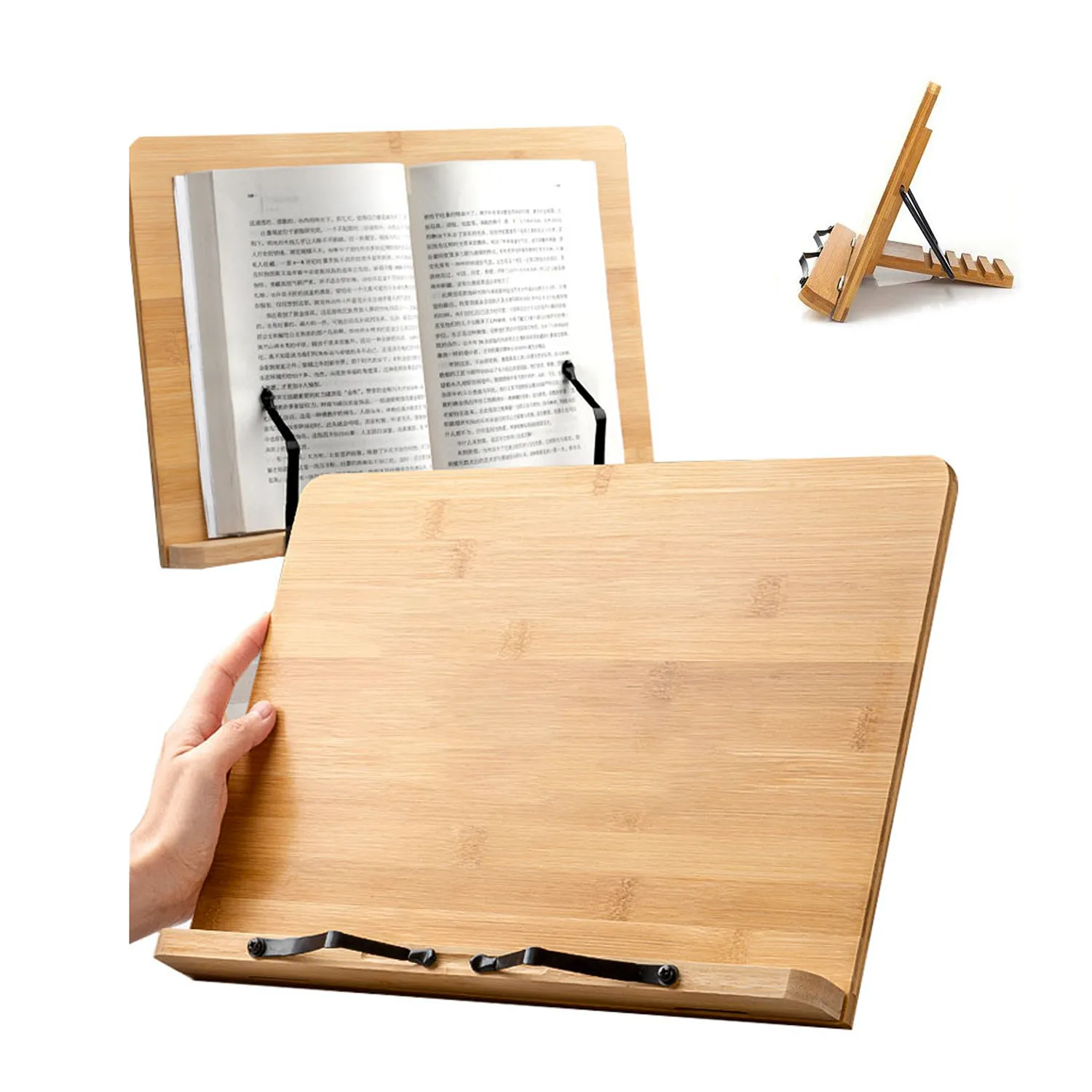 Bamboo Large Cookbook Holder/Book Stand with Adj Height 4