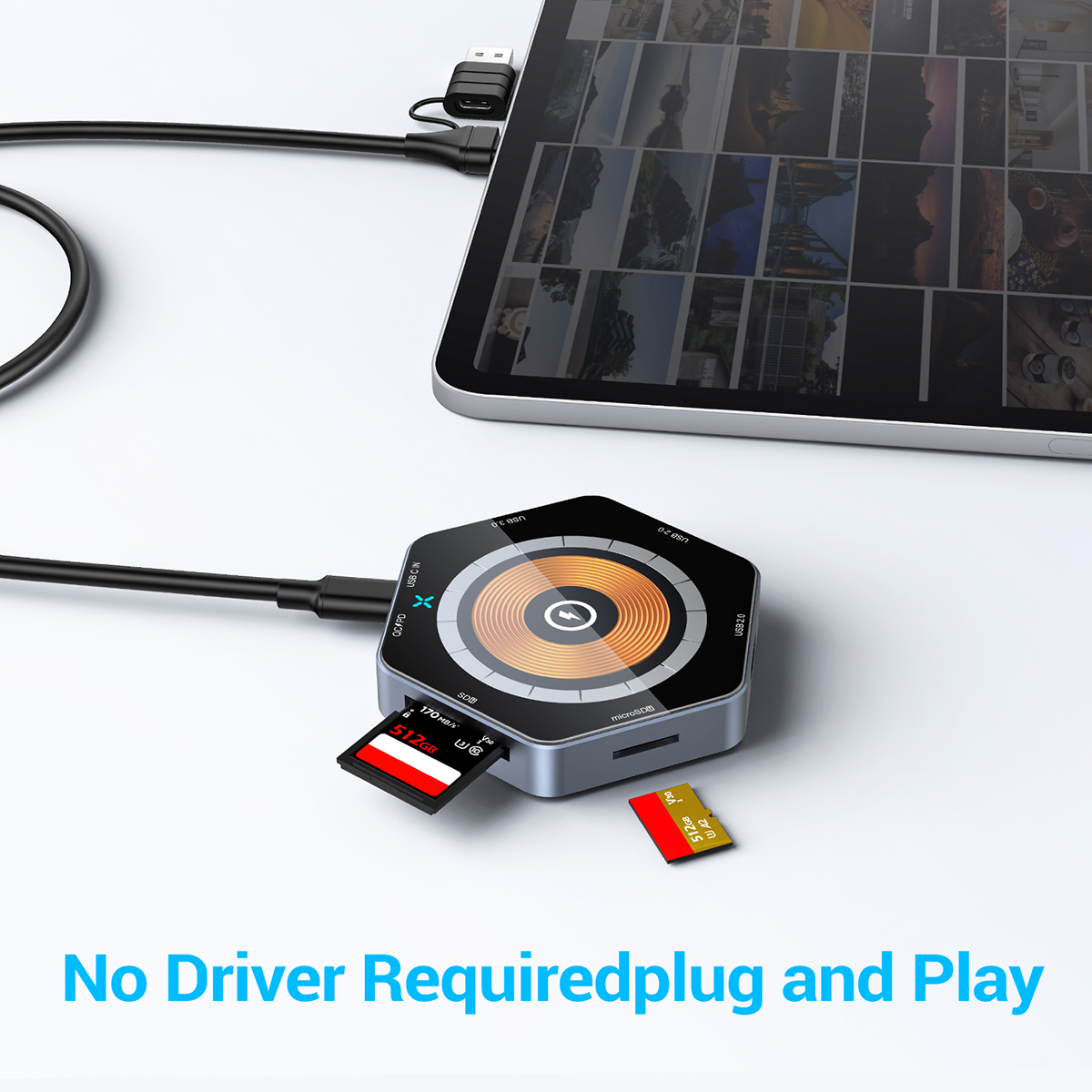 Hexagon Shaped 15W Magnetic Fast Wireless Charger, USB Hub and Card Reader With QC and PD 5