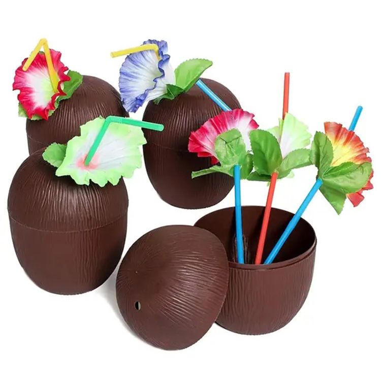 Hawaiian Themed Coconut Cups with Flower Straws & Twist Close Lids 1