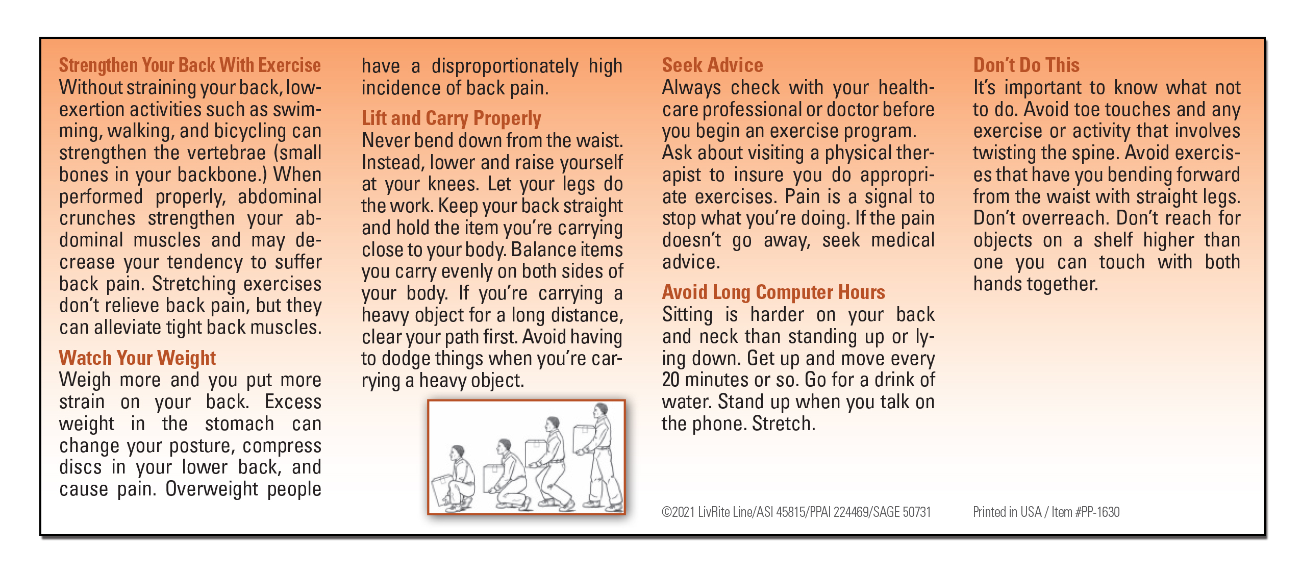 POCKET PAMPHLET - Safe Lifting - Preventing Backaches Pocket Pamphlet 2
