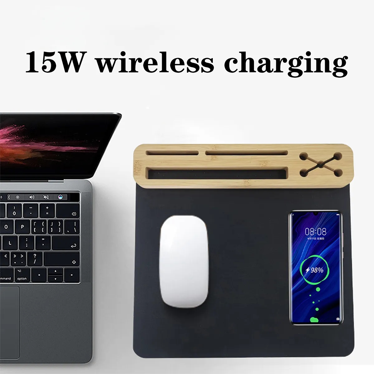 Custom Bamboo Wooden 15W Phone Wireless Charging Mouse Pad 3