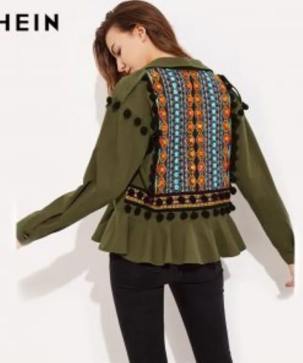 Green Jacquard Embroidered Pom Frill Jacket 5