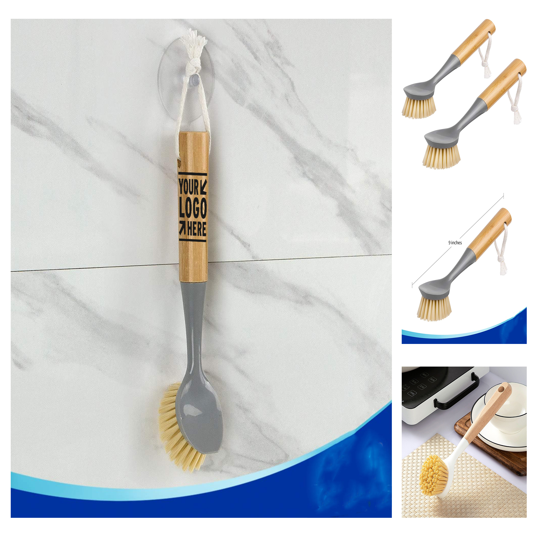 Bamboo Handle Built-in Scraper Dish Scrub Brush 2