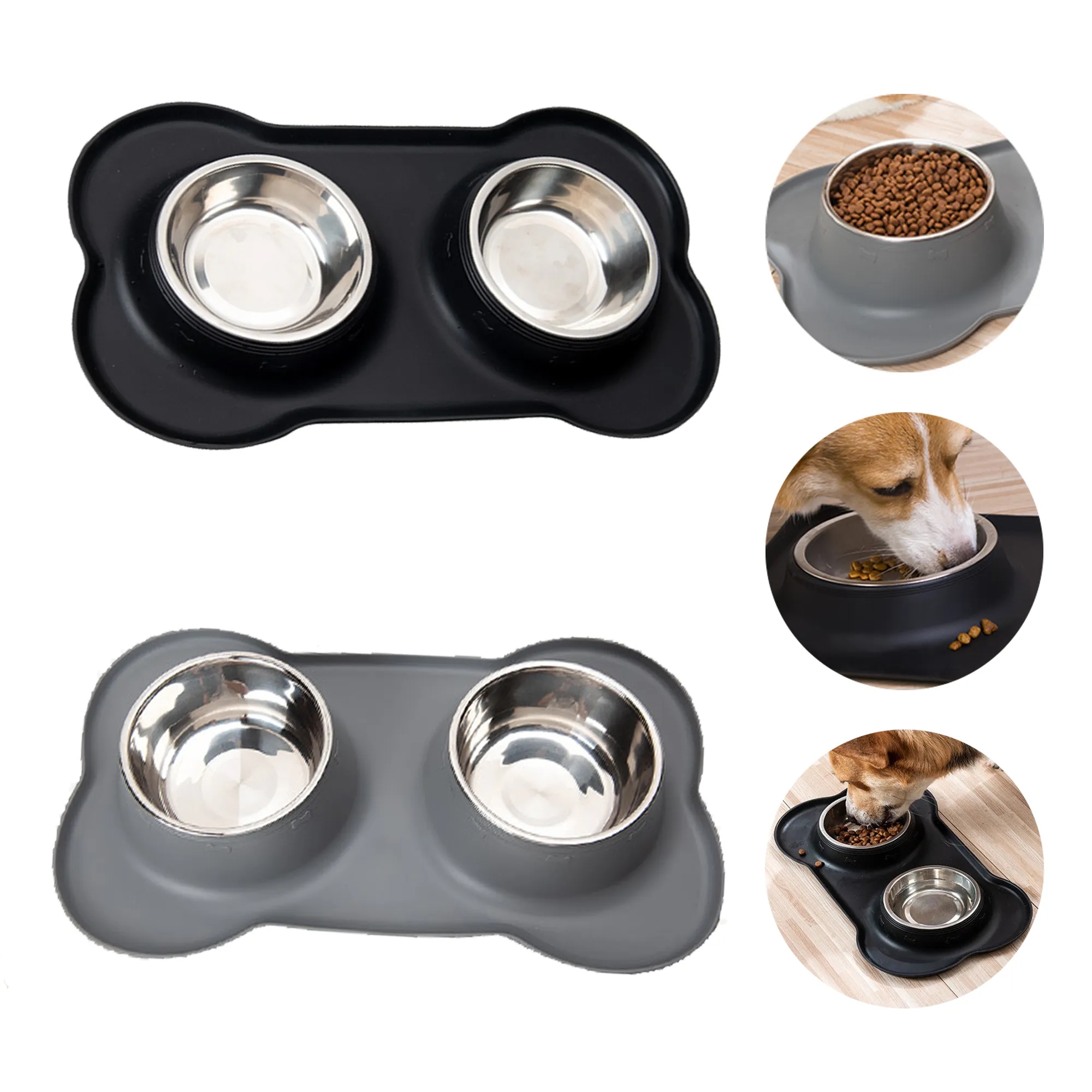 2PCS Stainless Steel Pet Bowls + Silicone Plates
