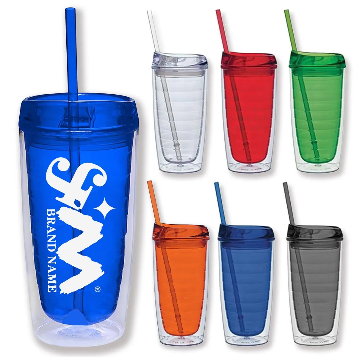 16 Oz Double Wall Reusable Acrylic Tumblers With Straw Lid 2
