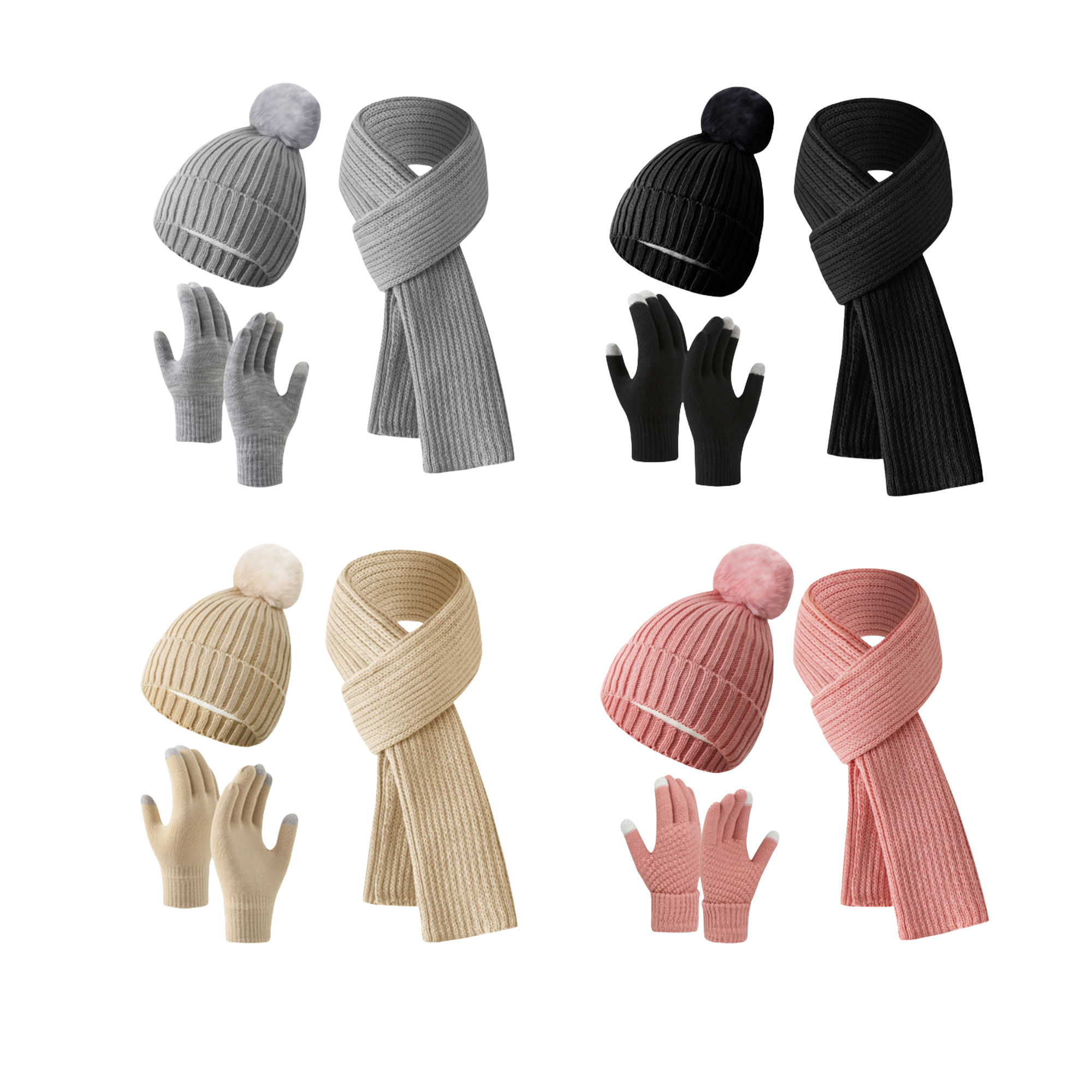 Winter Beanie Hat Scarf Touchscreen Gloves Set MOQ50 2