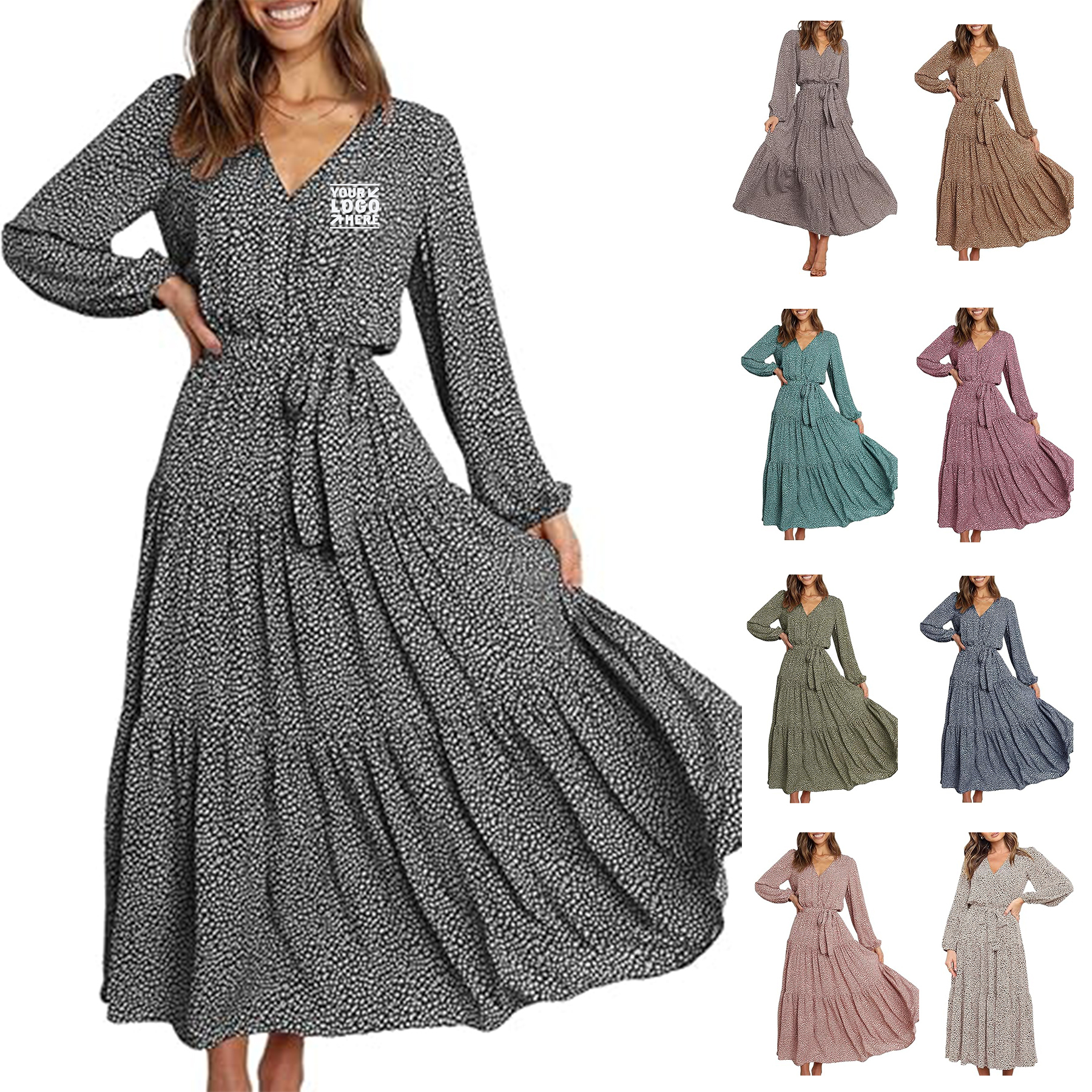 Women's 2023 Fall Long Sleeve V Neck Ruffle Maxi Casual Tie Waist Boho Chiffon Flowy Dresses 2