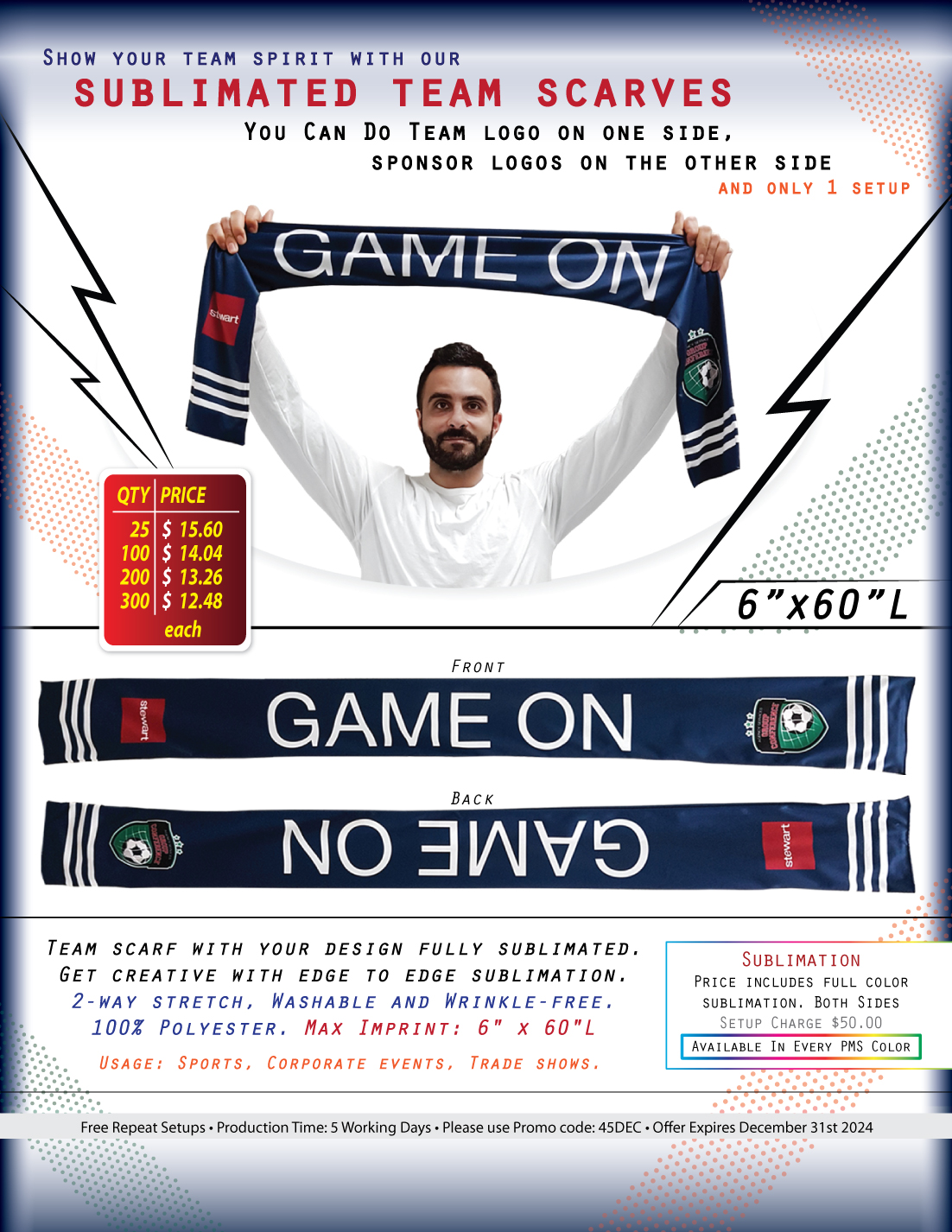 Sublimated Soccer Football Stadium Scarves, 6x60, Sublimated edge to edge 2 sides (Made in Canada) 3