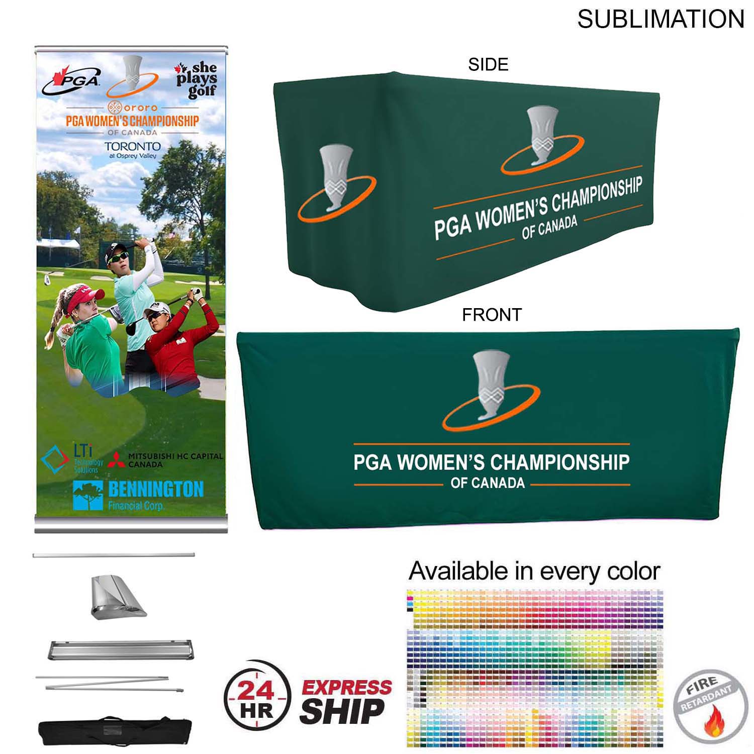 24Hr Express Ship - Outdoor Event Package 2, Deluxe pull up banner + Premium 6' box fit tablecloth 2