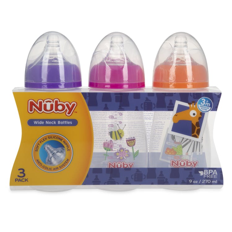 Nuby Wide Neck Bottles - 3 Count Anti-Colic Air System Medium flow 2
