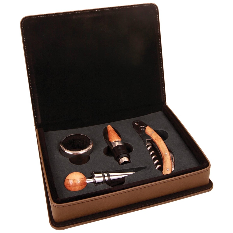 Dark Brown Leatherette 4-Piece Wine Tool Set 2