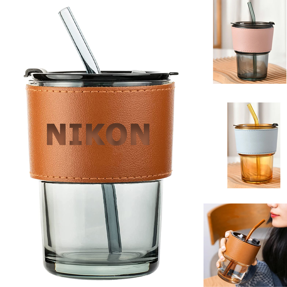 CafeWrap Leather Glass Tumbler + Straw, custom stadium cup with logo imprint 2