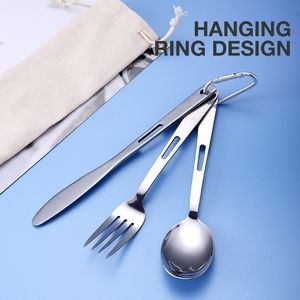 3 In 1 Portable Stainless Steel Flatware Set With Carabiner Knife Fork Spoon 2