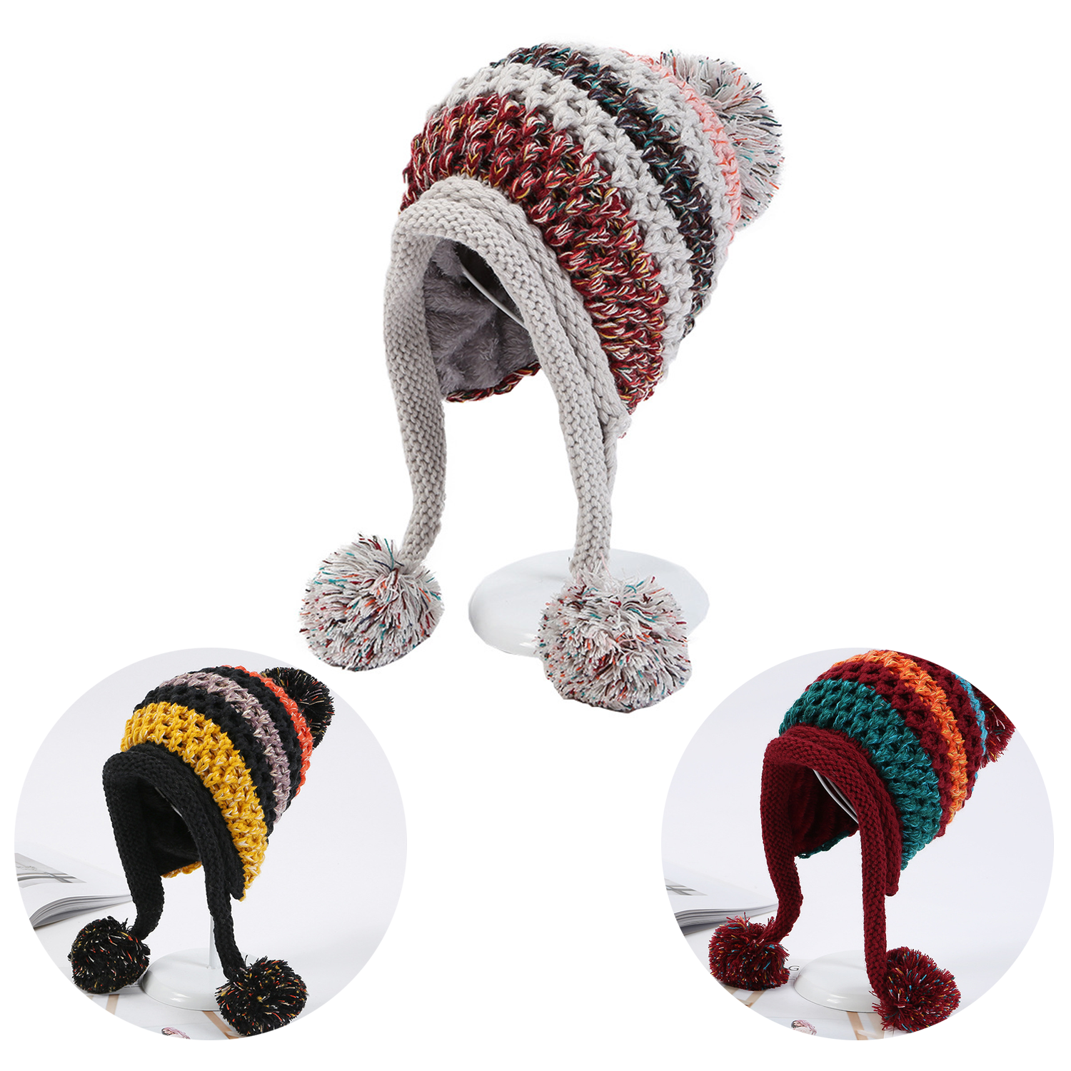Winter Wool Knit Cap with Pom-Poms for Women 3