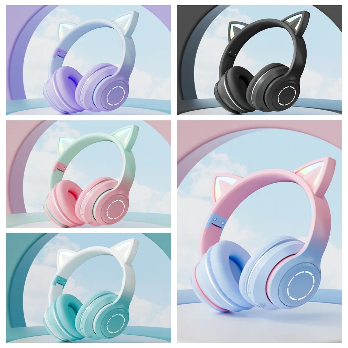 Bluetooth Wireless Headphones LED Lights Cat Ear Over-Ear 5