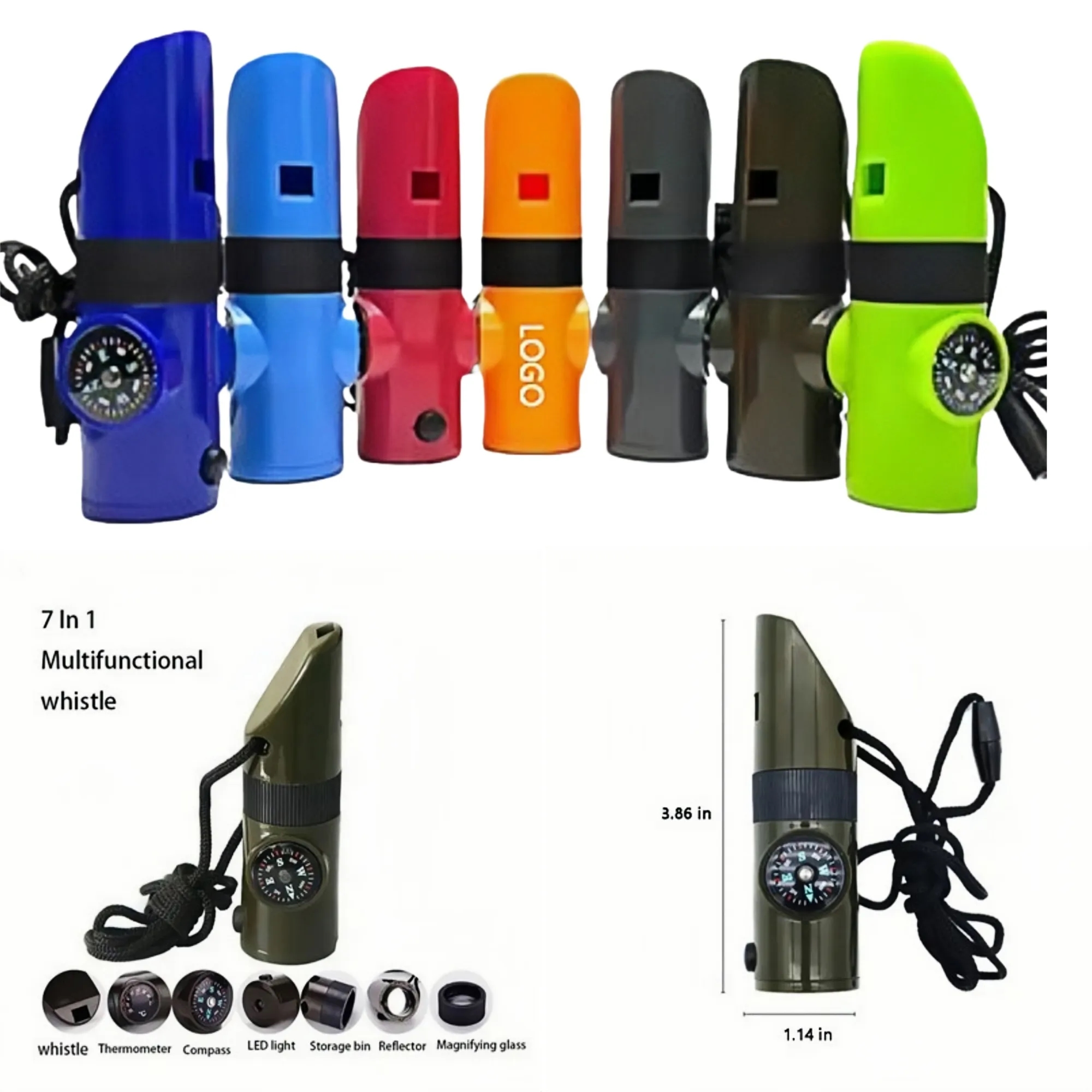 7-in-1 Multipurpose Emergency Survival Whistle w/Lanyard