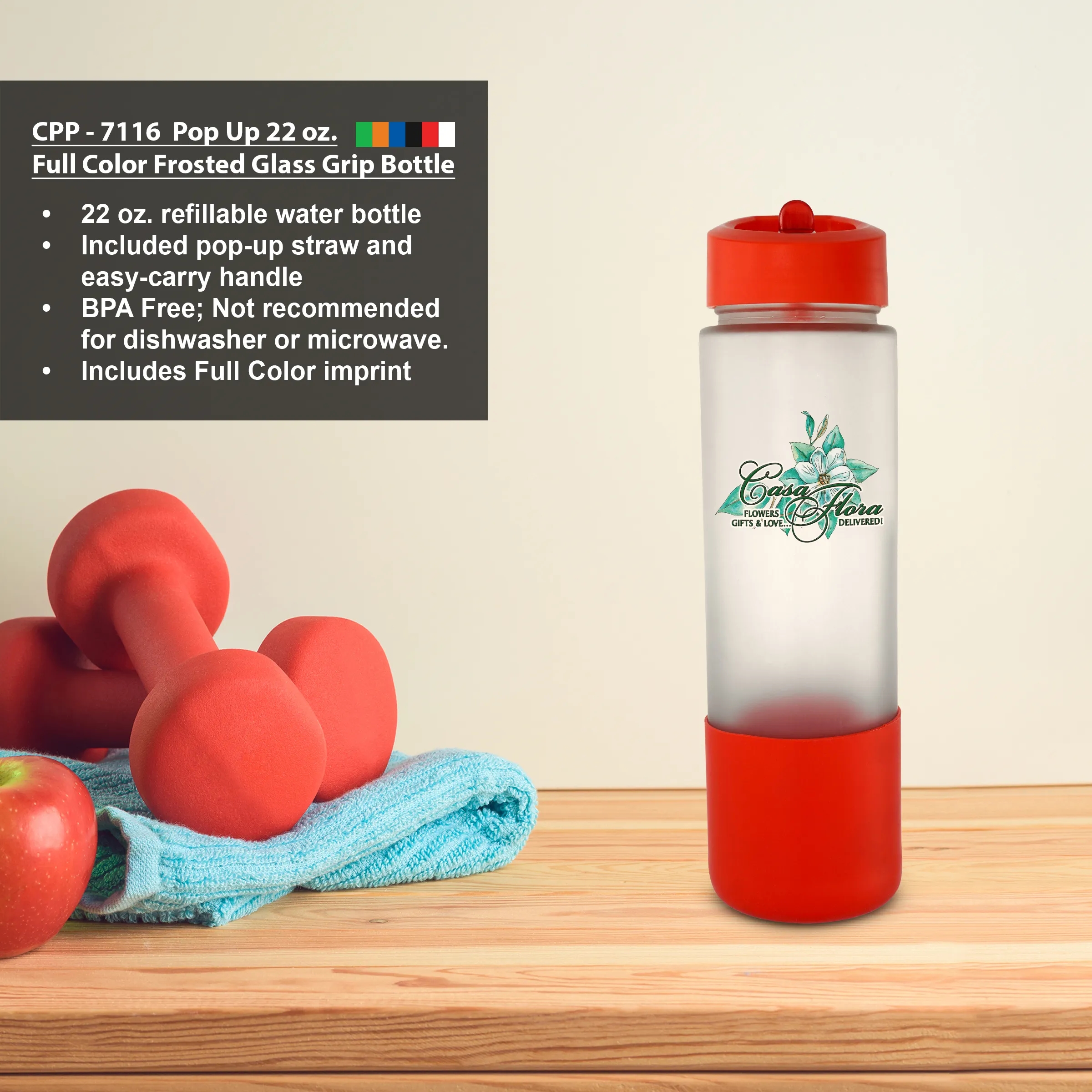 Pop Up 22 oz. Full Color Frosted Glass Grip Bottle 9