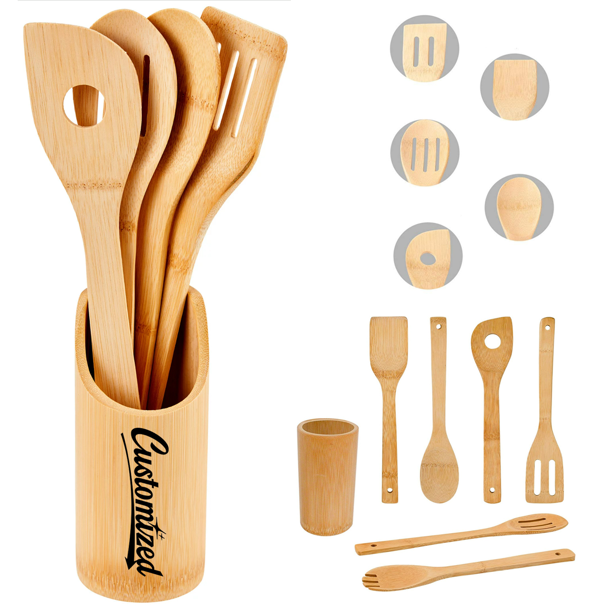 8 Piece Bamboo Cooking Utensil Set with Holder & Tongs 7