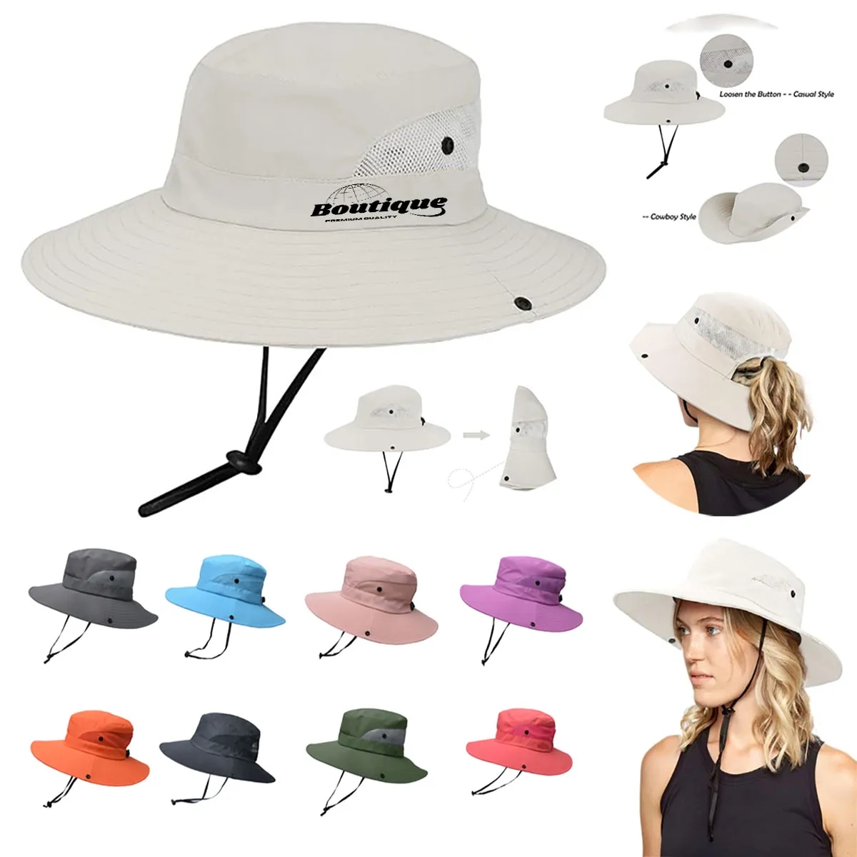 Wide-Brim Outdoor Beach Sun Hat with Ponytail-Hole 2