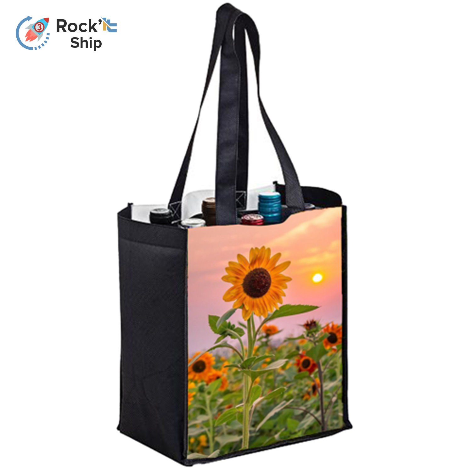 Rock'it 3-Day Full Color Sublimated PET Non-Woven 6 Bottle Tote Bag w/ Gusset - 2 Sided (10" x 12" x 7") 1