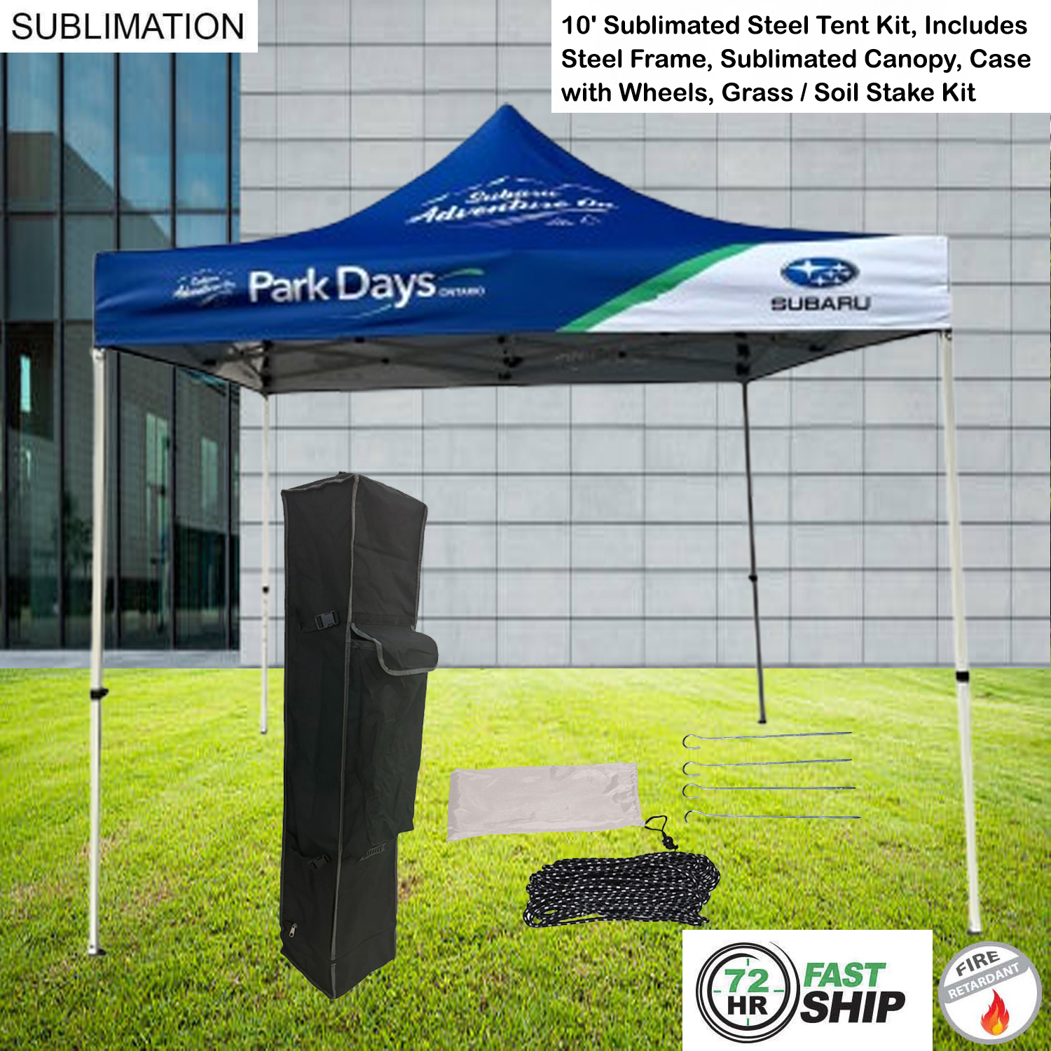 72Hr Fast Ship - 10' Steel Tent Kit, Includes Steel Frame, Sublimated Canopy, Case, Grass Stake Kit 32