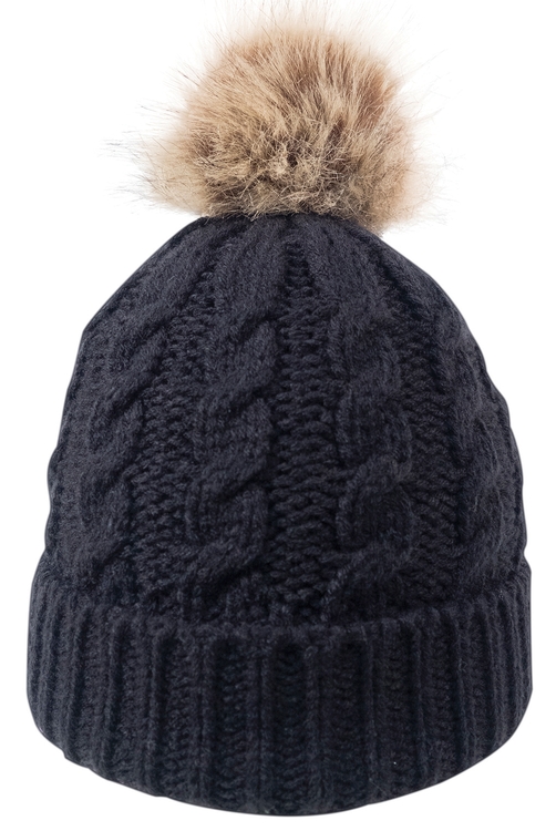 Cable Knit Beanie w/Faux Fur Pom 5