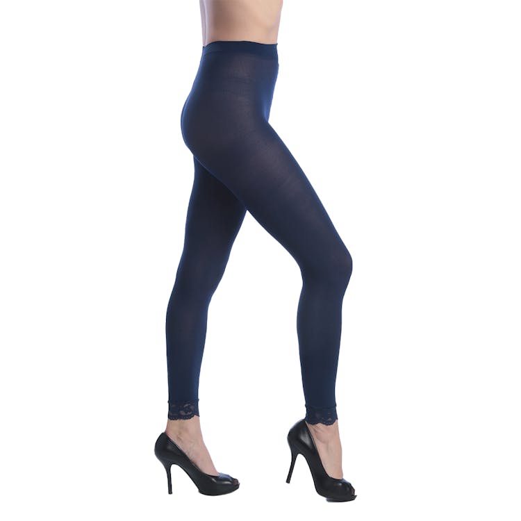 Women's Opaque Control Top Footless Lace Tights - Navy Queen Size 2
