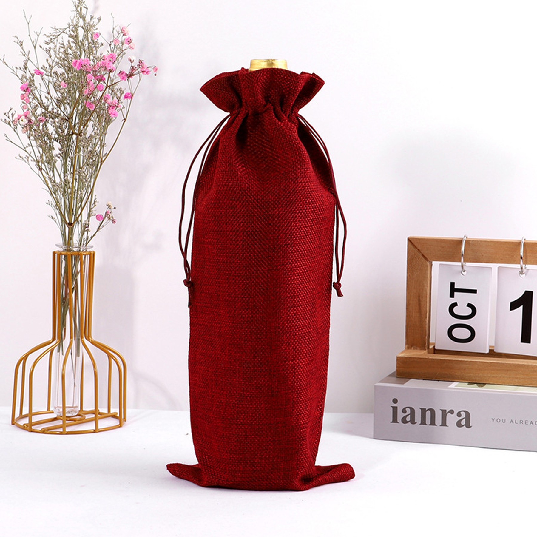 Bunched Mouth Linen Wine Bag 2