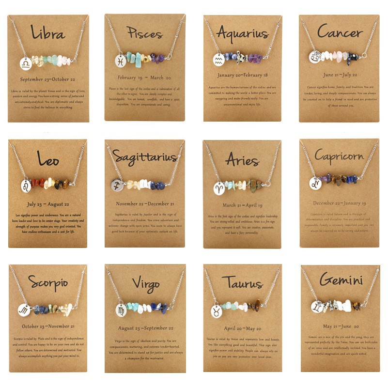 Colorful Irregular Natural Stone Jewelry Stainless Steel Chain 12 Zodiac Healing Crystal Necklace 1