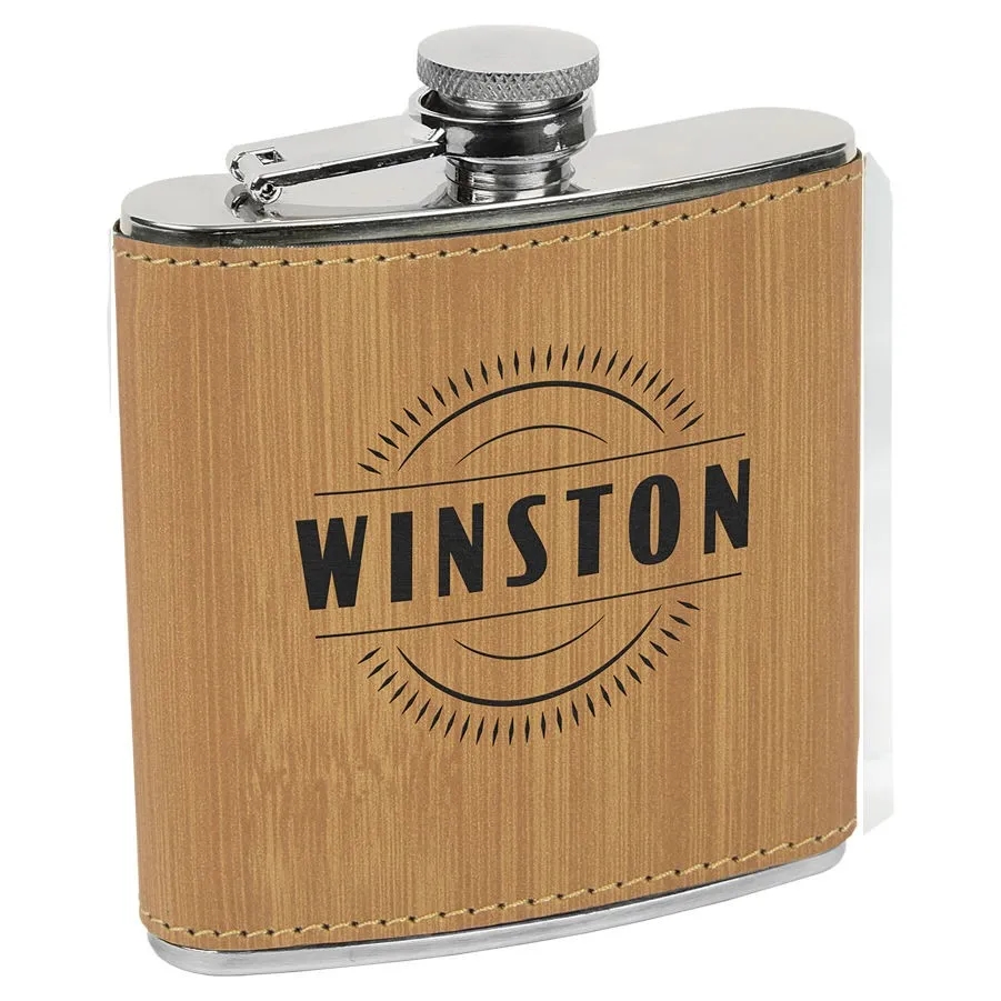 6 Oz. Bamboo Brown Laserable Leatherette Stainless Steel Flask 1