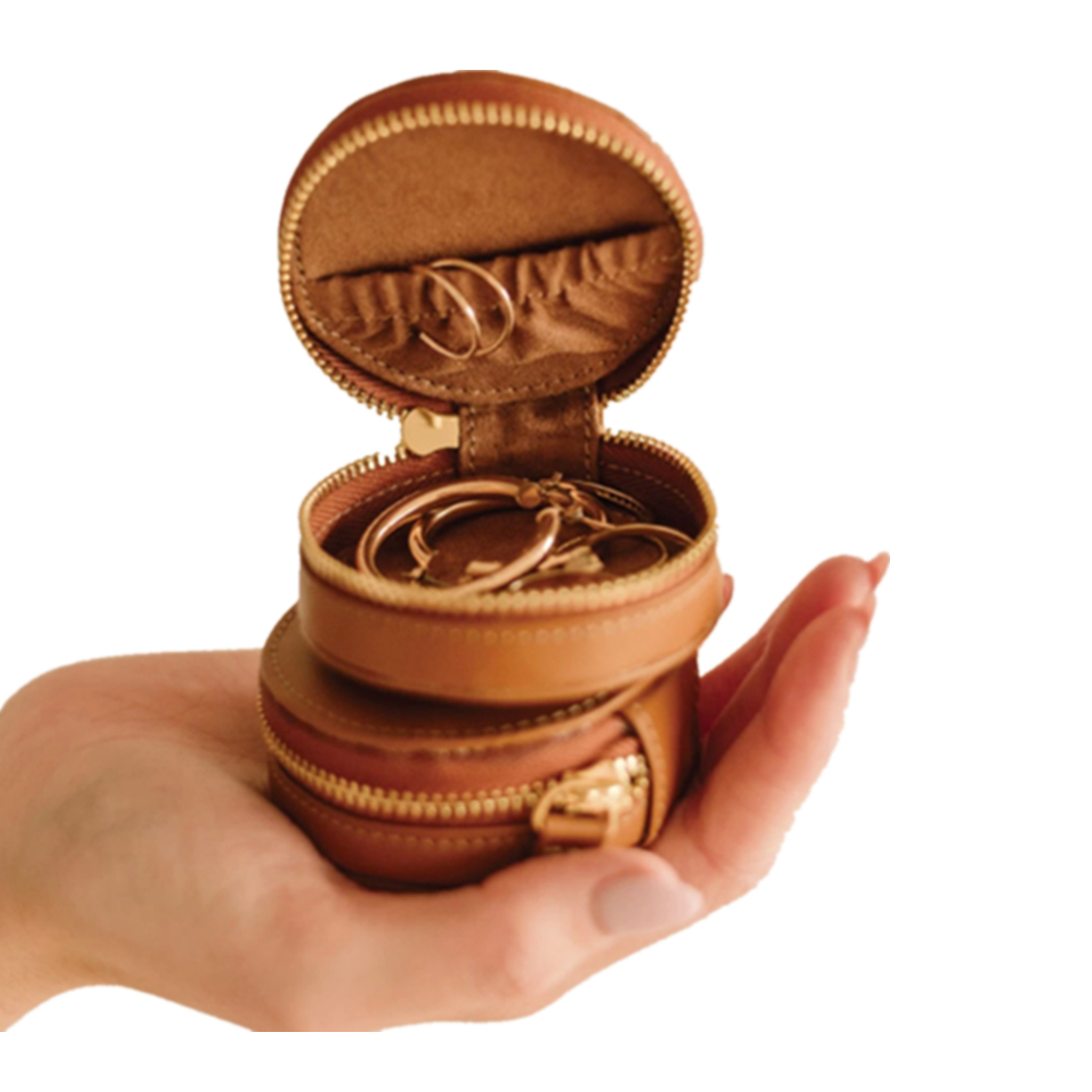 Round Shape Zippered Leather Jewelry Pouch Bag 6
