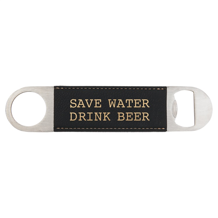 1 1/2" x 7" Black/Gold Leatherette Bottle Opener 1
