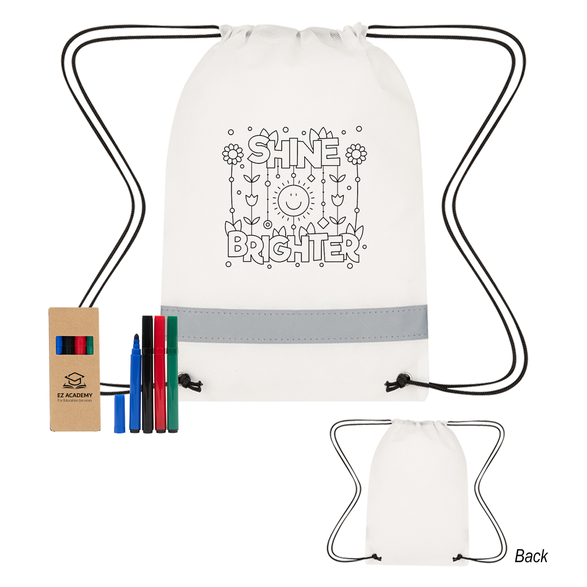 Lil' Bit Reflective Non-Woven Coloring Drawstring Bag With 4-Piece Washable Marker Set 2