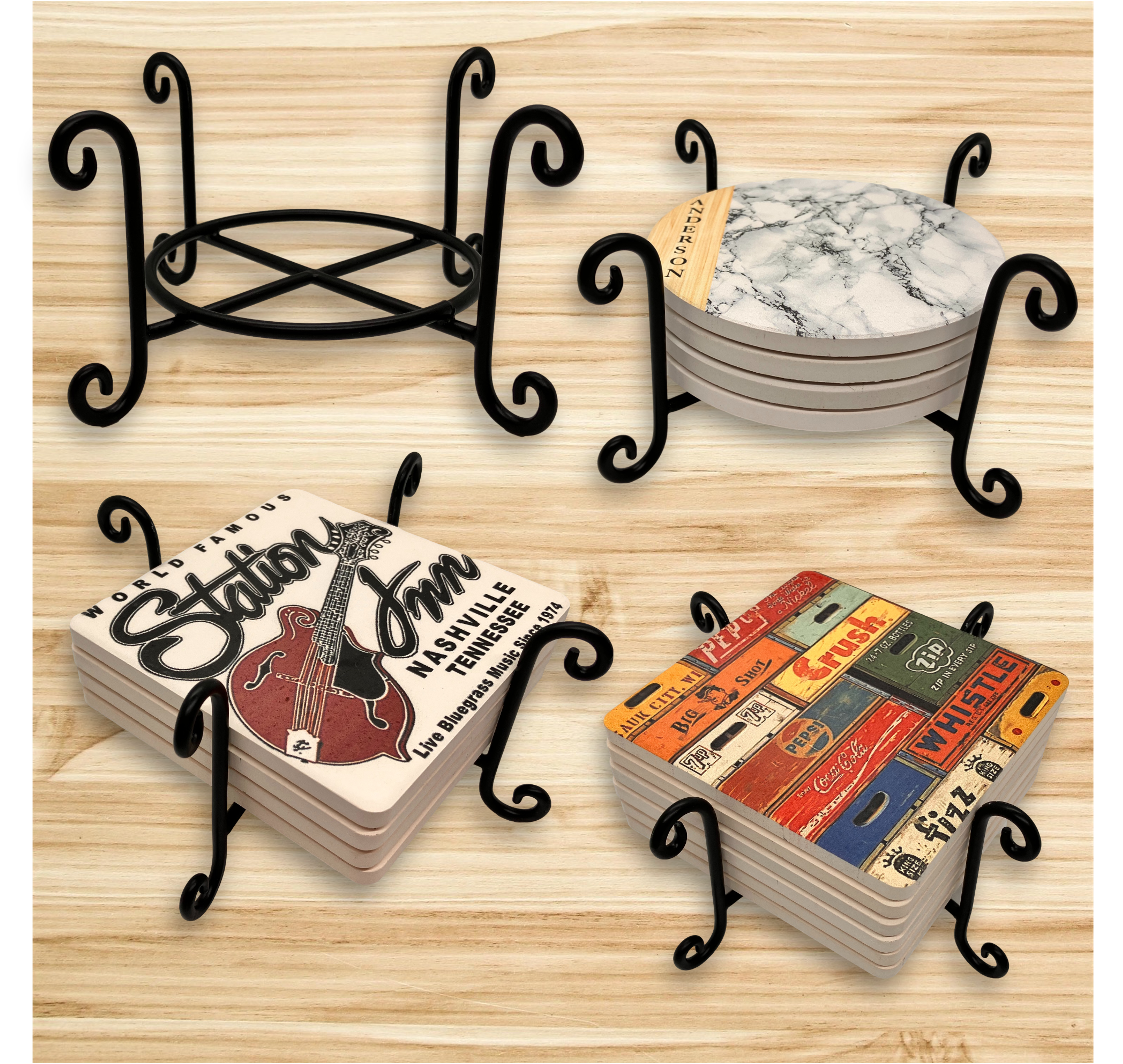 Four Scroll Post Metal 5 Coaster Holder Sets 4