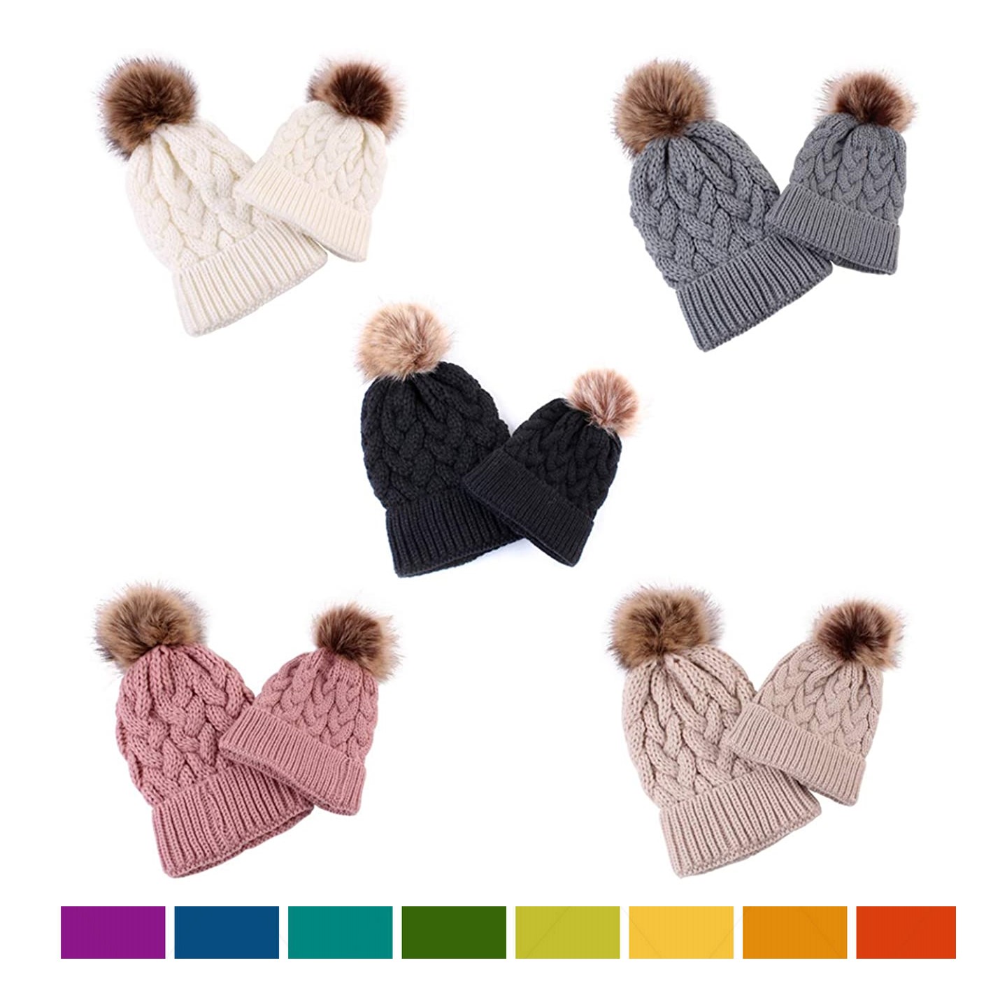 2PC Parent Kid Matching Beanie with Pom-pom 3