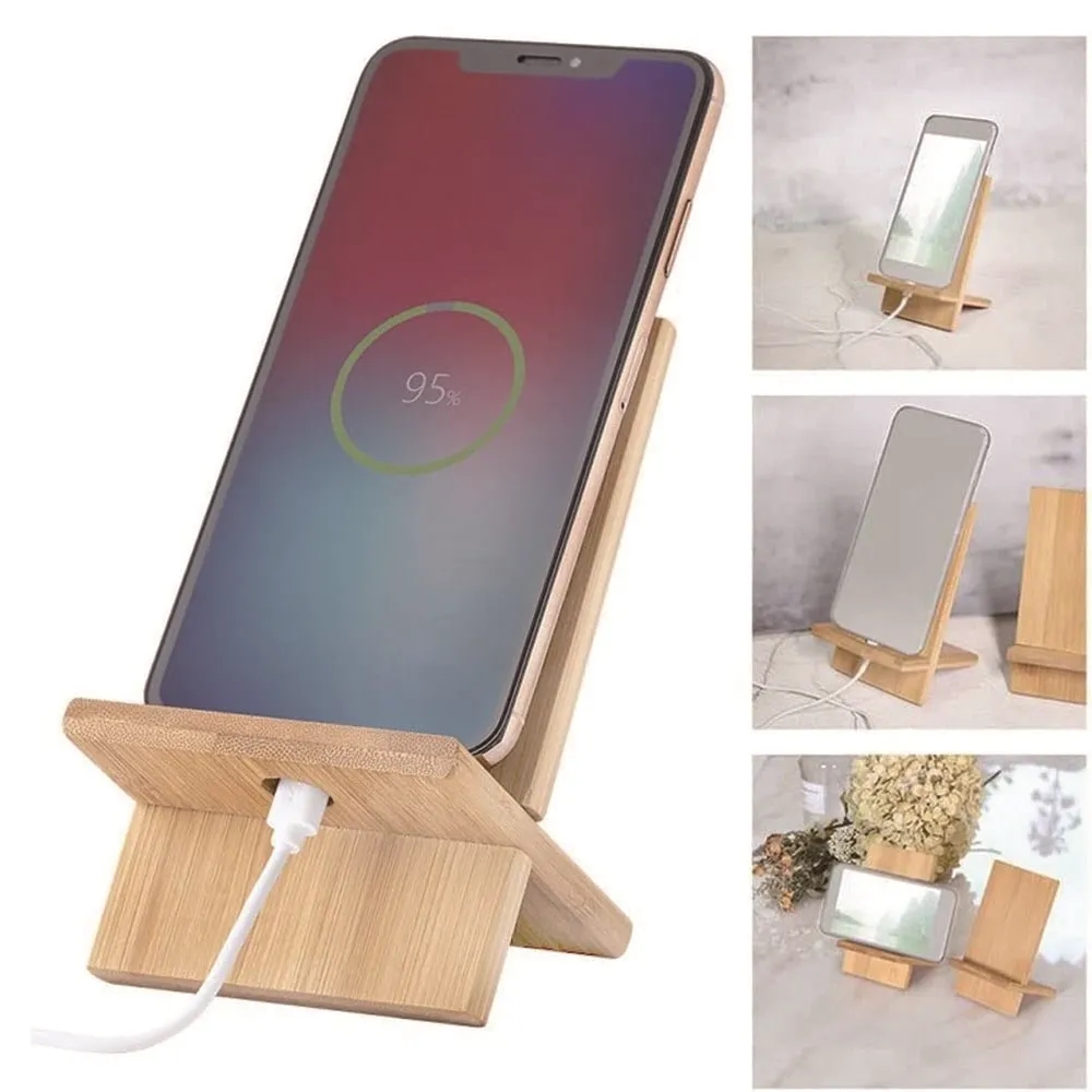 Double Slot Design 100% Natural Bamboo Phone Stand 1