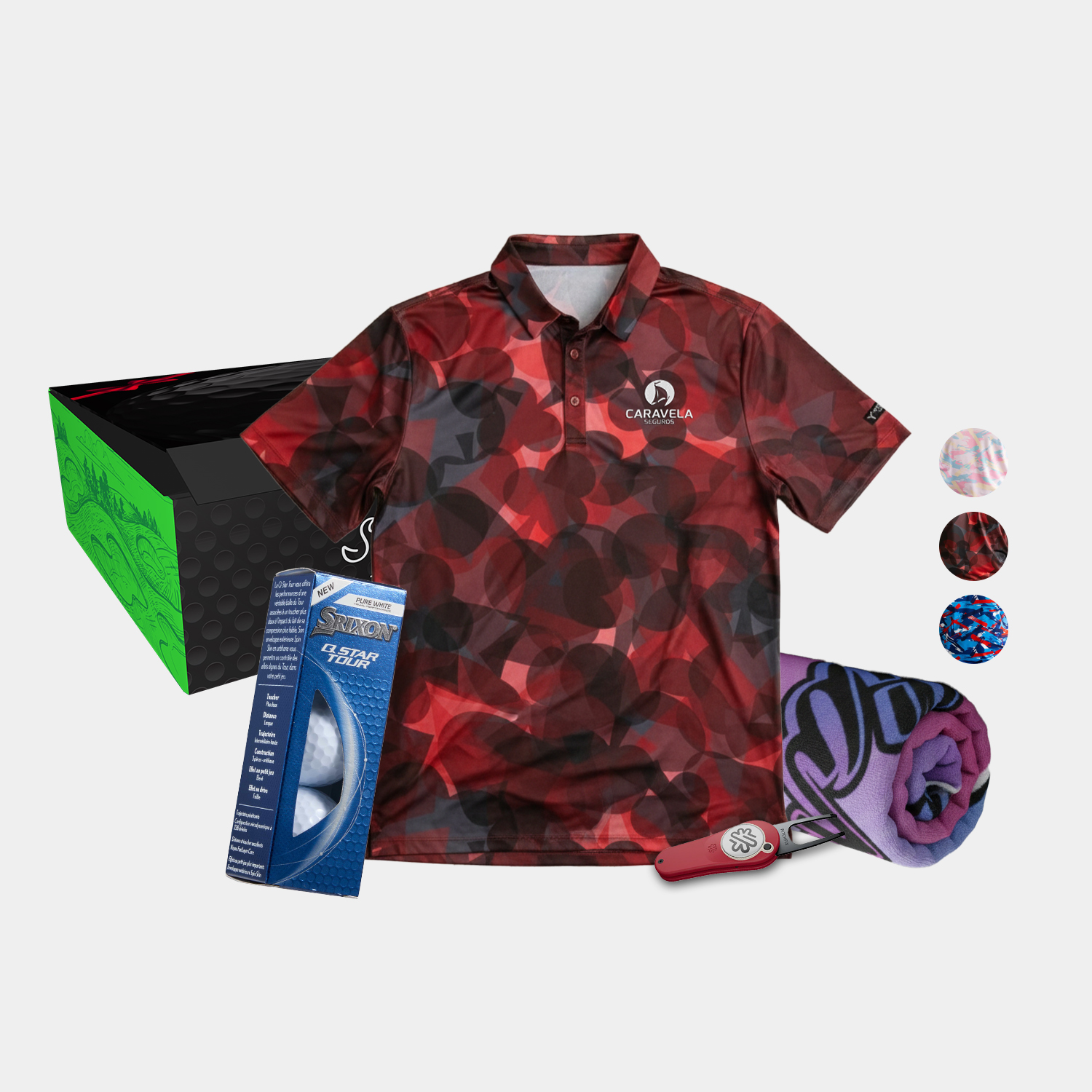 YATTA Golf® Freedom Men's Polo Shirt, Towel, Srixon® Golf Balls & Pitchfix® Icon Divot Tool Gift Set 6