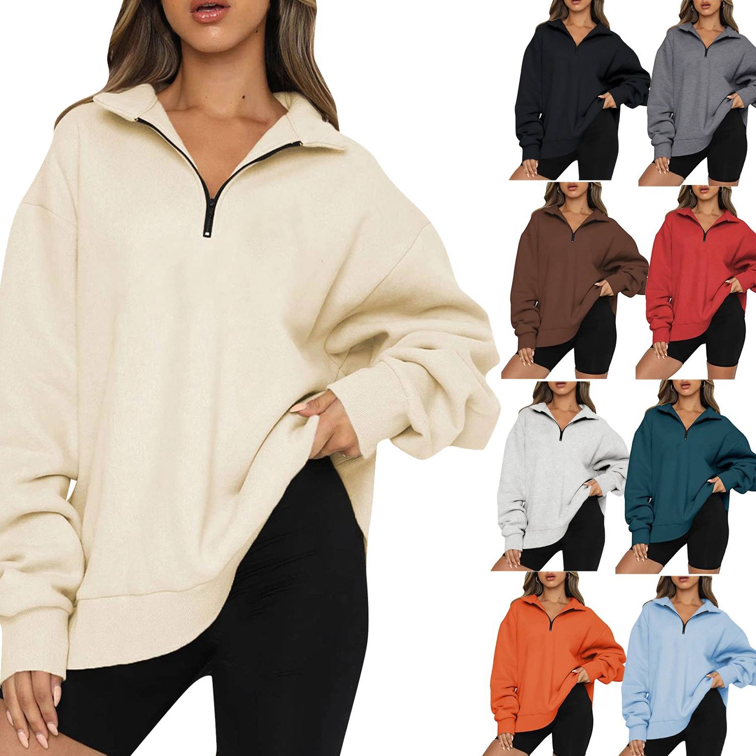 Womens Oversized Half Zip Pullover Long Sleeve Sweatshirt 8