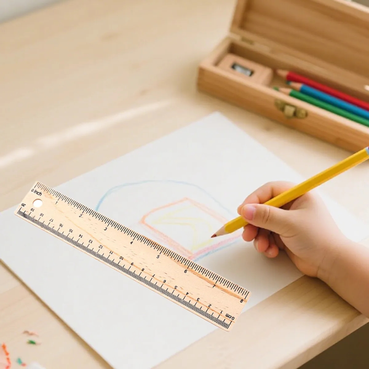 Wooden Ruler Pencil-Box With 12 Colored Pencils 4